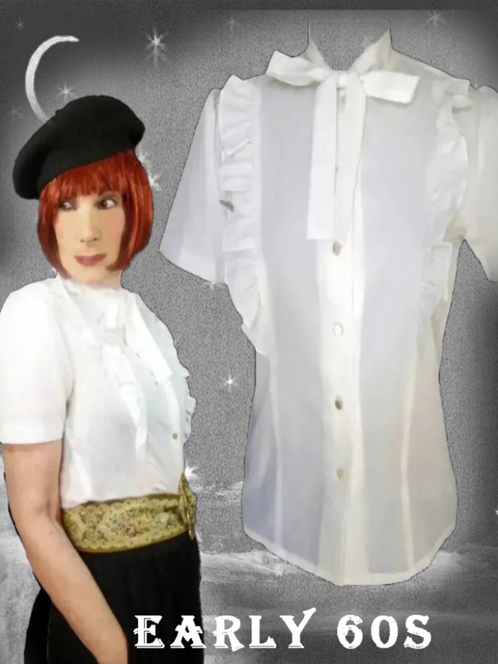 Vintage White Blouse with Neck Bow, Short Sleeves Early 60s Unused NWOT